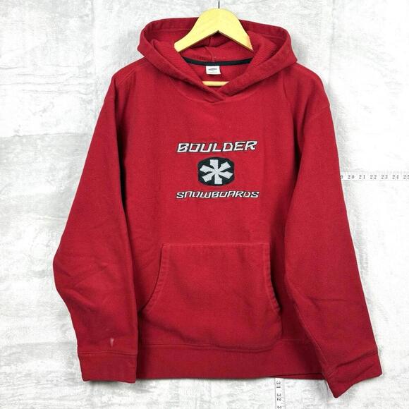 VTG Y2K Old Navy Skate Polar Fleece Boulder Snowboards Hoodie Sweatshirt Red XL - Picture 1 of 8